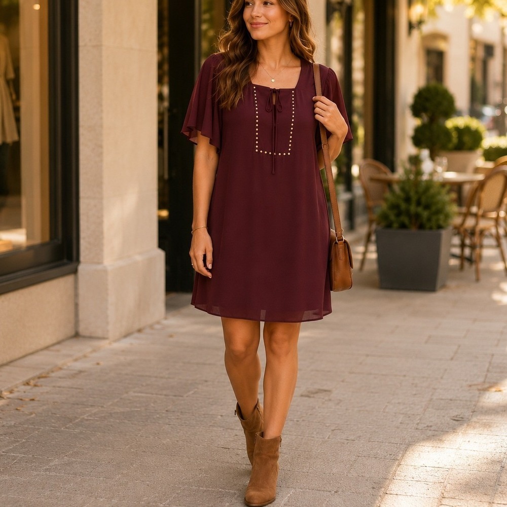 Sami & Jo Womens Burgundy Studded Keyhole Shift Dress Short Flutter Sleeve XL